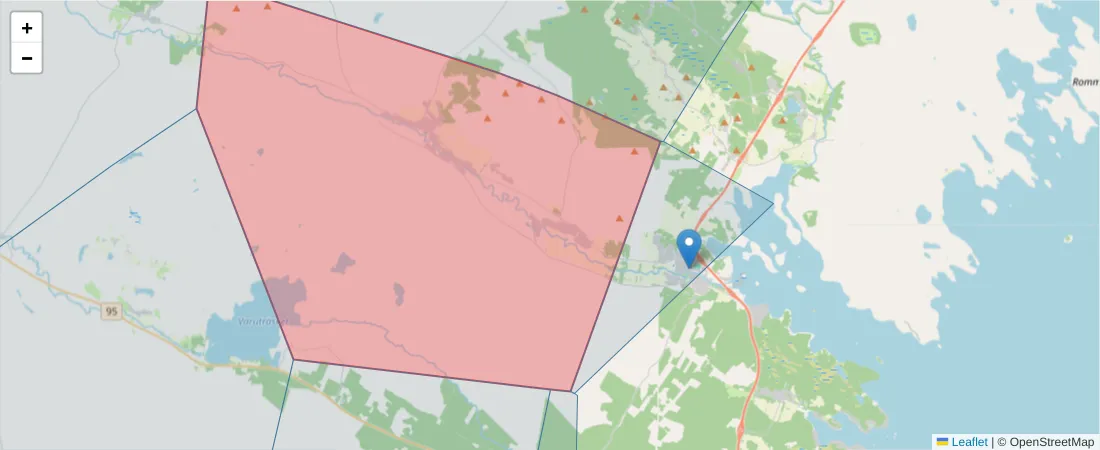 Karta över postnummerområdet  och angränsande postnummer i Sverige