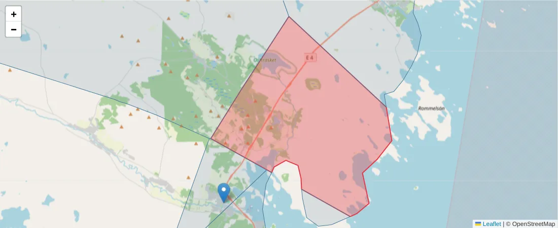 Karta över postnummerområdet  och angränsande postnummer i Sverige