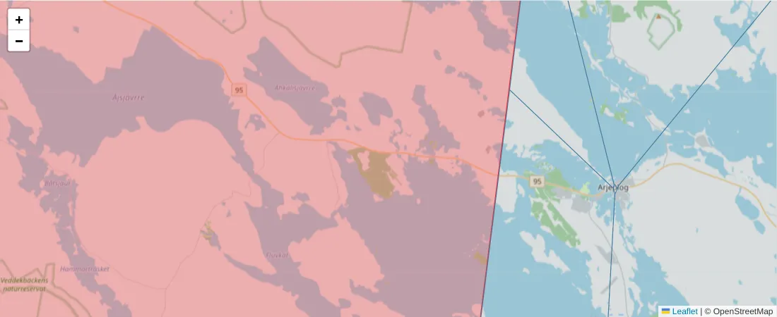 Karta över postnummerområdet  och angränsande postnummer i Sverige