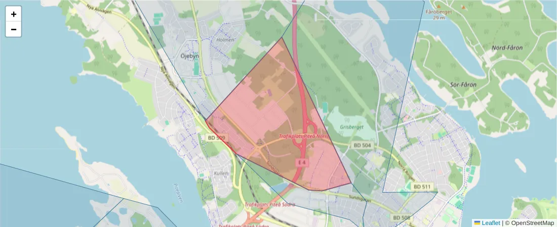 Karta över postnummerområdet  och angränsande postnummer i Sverige