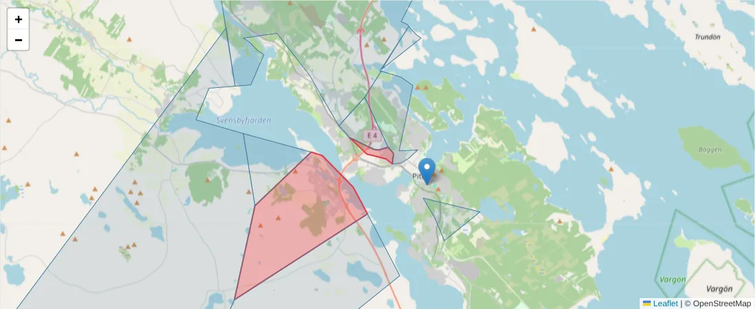 Karta över postnummerområdet  och angränsande postnummer i Sverige