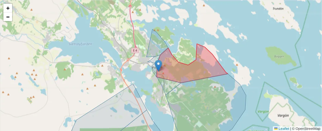 Karta över postnummerområdet  och angränsande postnummer i Sverige