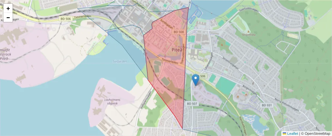 Karta över postnummerområdet  och angränsande postnummer i Sverige