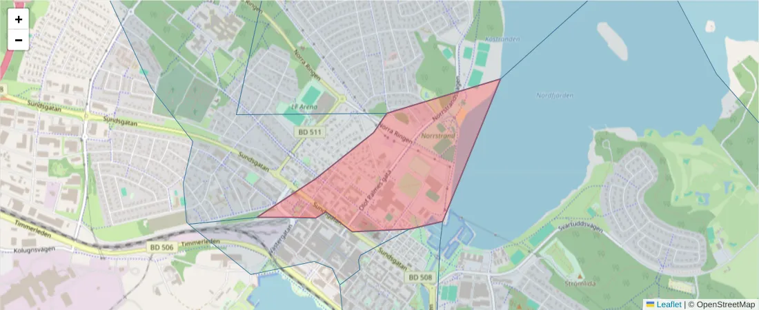 Karta över postnummerområdet  och angränsande postnummer i Sverige