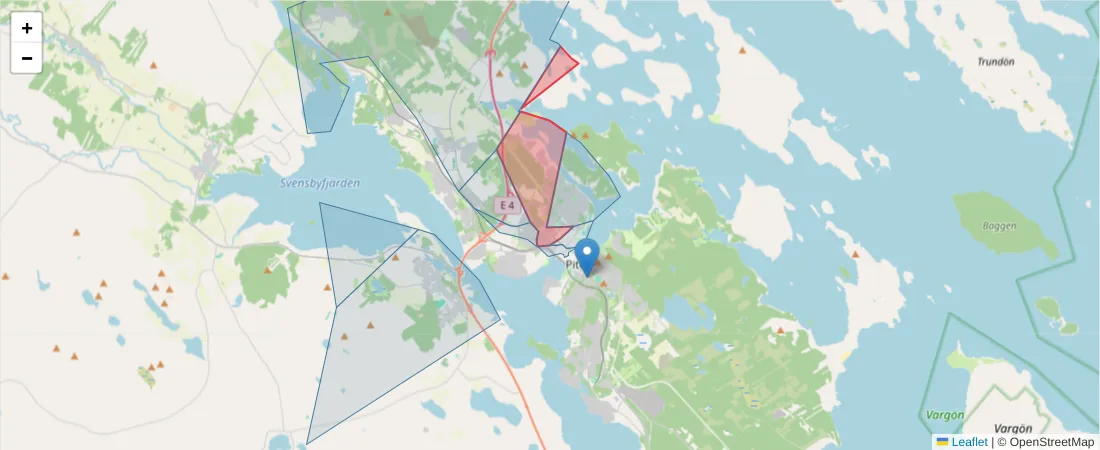 Karta över postnummerområdet  och angränsande postnummer i Sverige