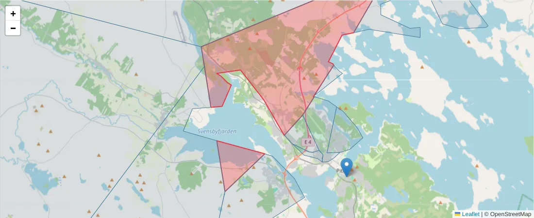 Karta över postnummerområdet  och angränsande postnummer i Sverige