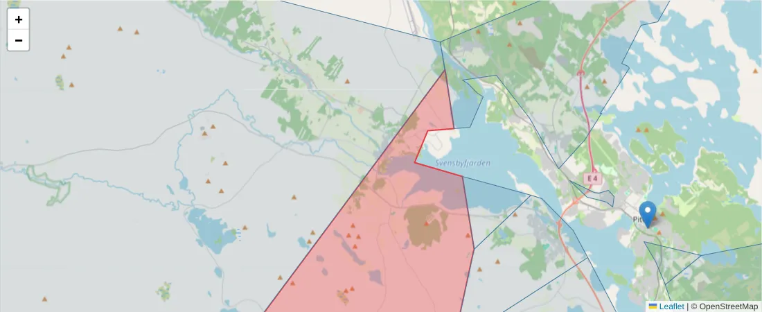 Karta över postnummerområdet  och angränsande postnummer i Sverige