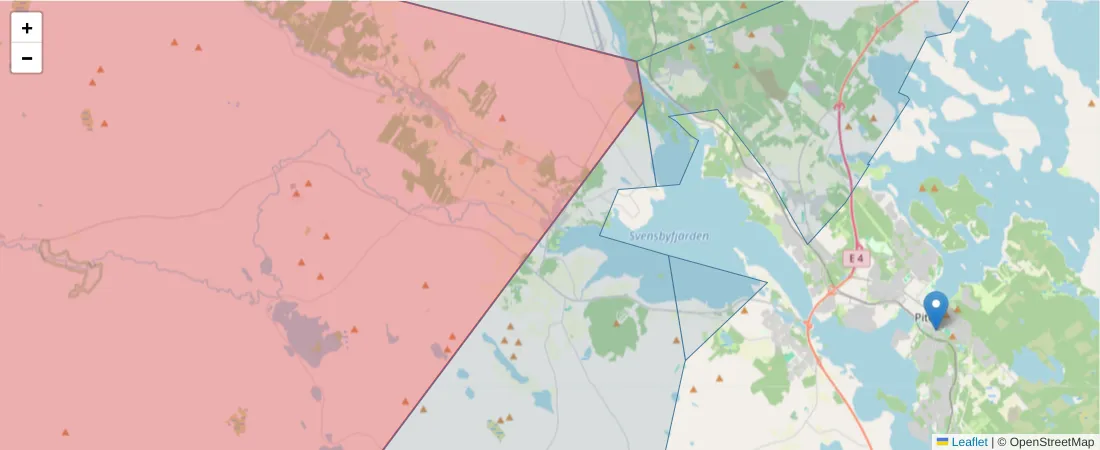 Karta över postnummerområdet  och angränsande postnummer i Sverige