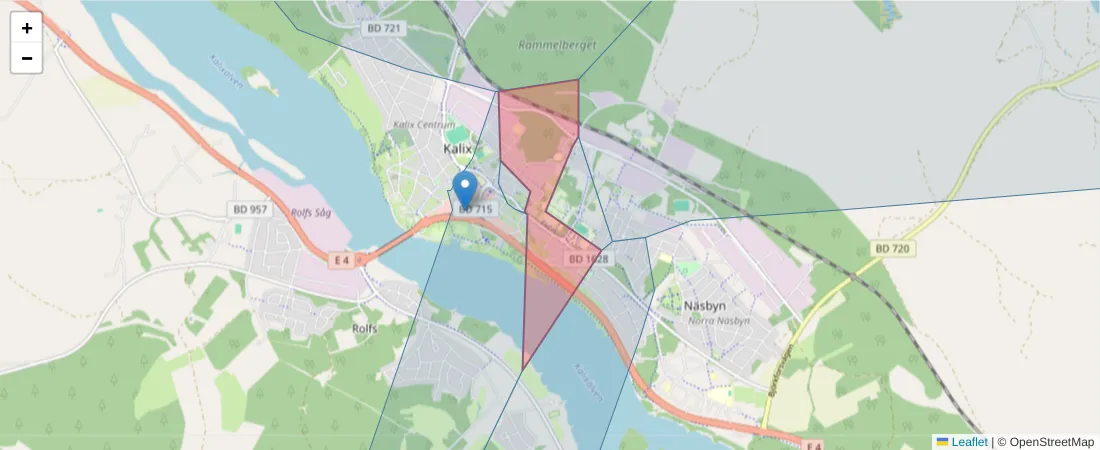 Karta över postnummerområdet  och angränsande postnummer i Sverige
