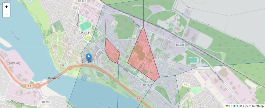 Karta över postnummerområdet  och angränsande postnummer i Sverige