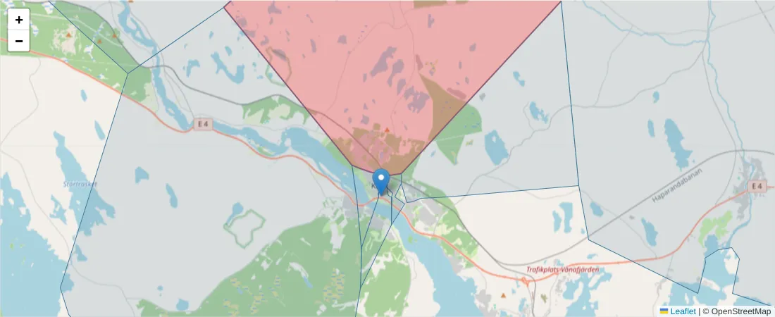 Karta över postnummerområdet  och angränsande postnummer i Sverige
