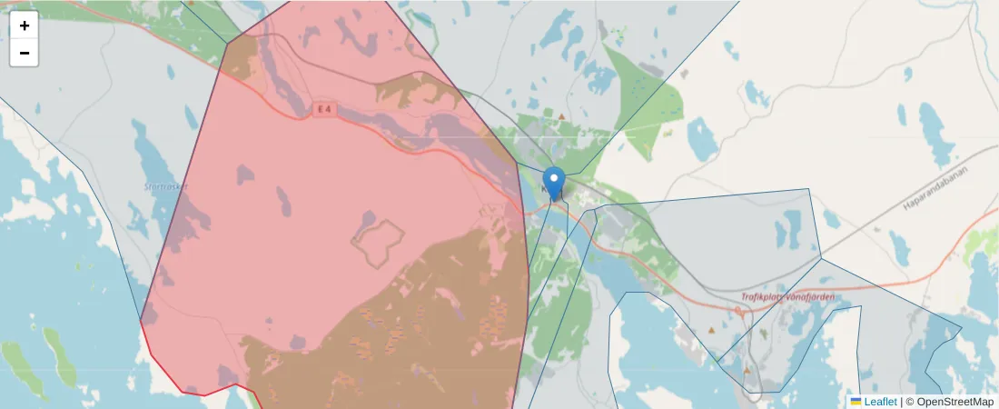 Karta över postnummerområdet  och angränsande postnummer i Sverige