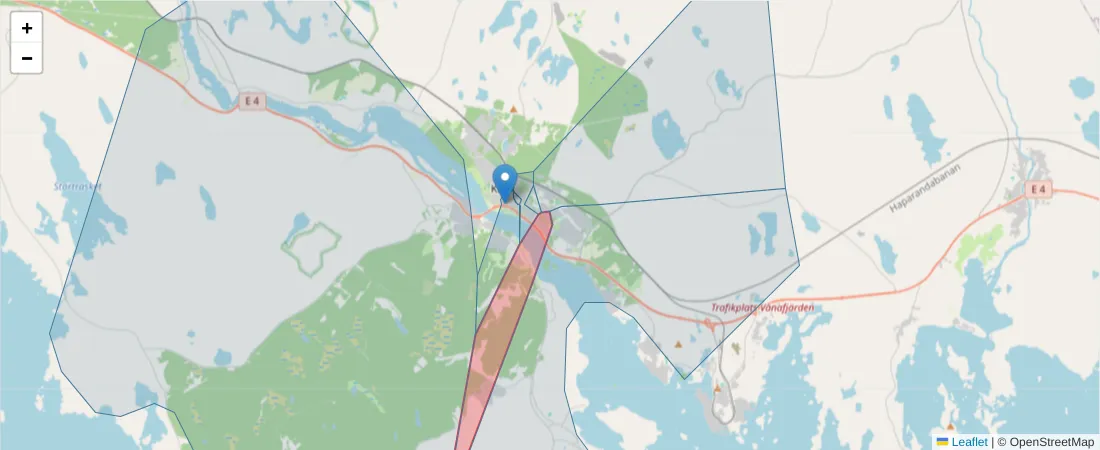 Karta över postnummerområdet  och angränsande postnummer i Sverige