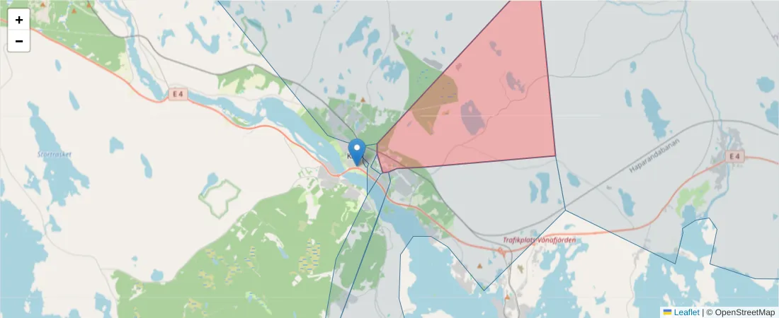 Karta över postnummerområdet  och angränsande postnummer i Sverige