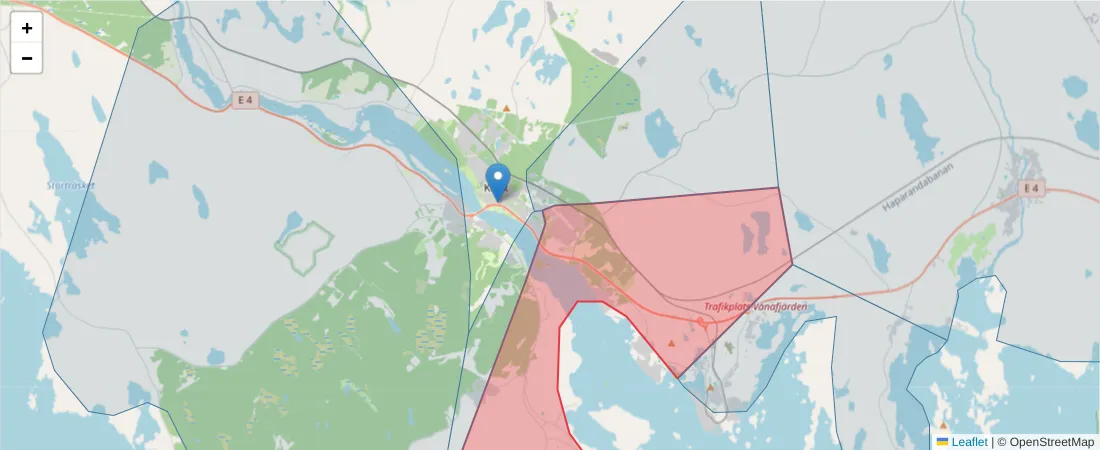 Karta över postnummerområdet  och angränsande postnummer i Sverige
