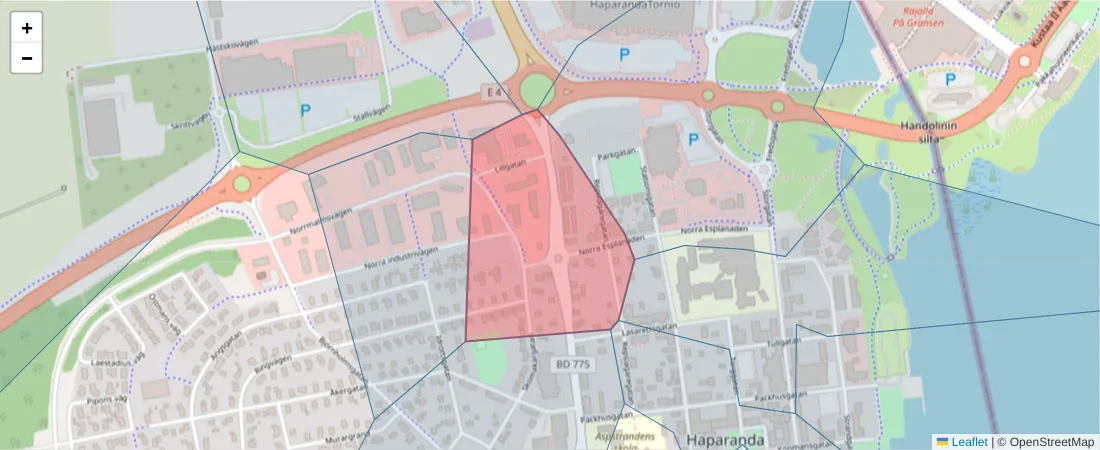 Karta över postnummerområdet  och angränsande postnummer i Sverige