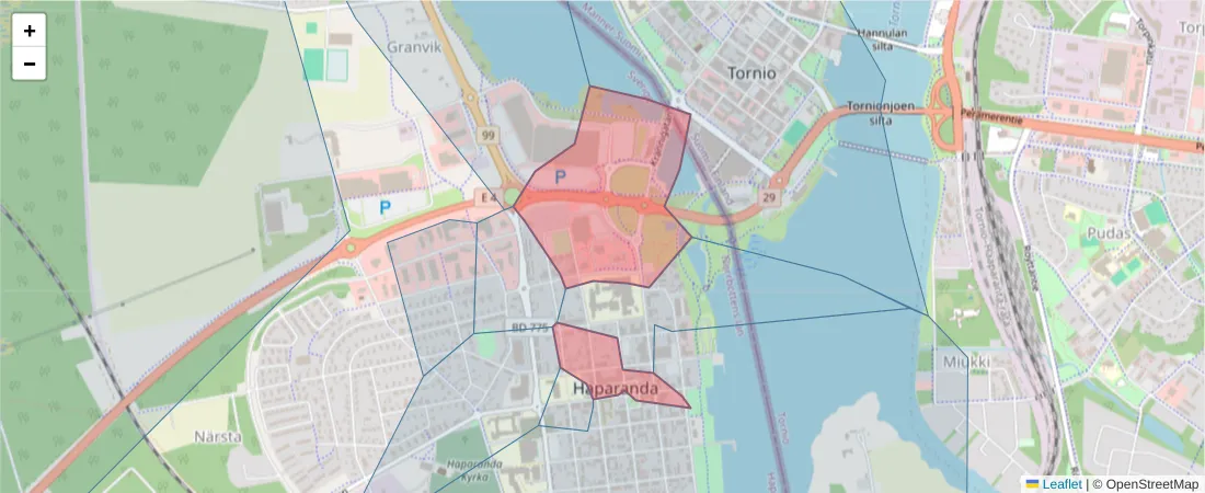 Karta över postnummerområdet  och angränsande postnummer i Sverige