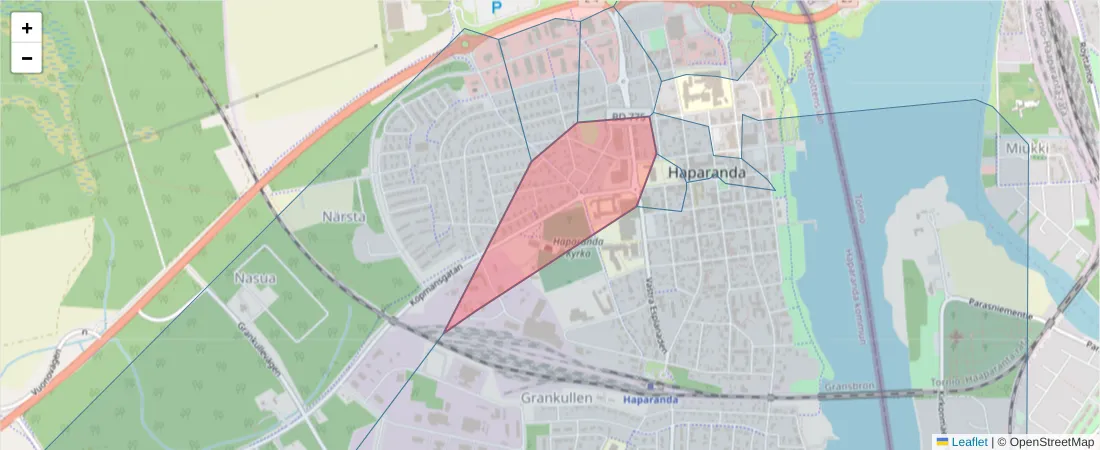 Karta över postnummerområdet  och angränsande postnummer i Sverige