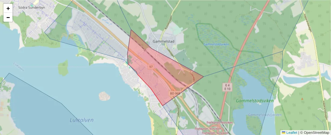Karta över postnummerområdet  och angränsande postnummer i Sverige