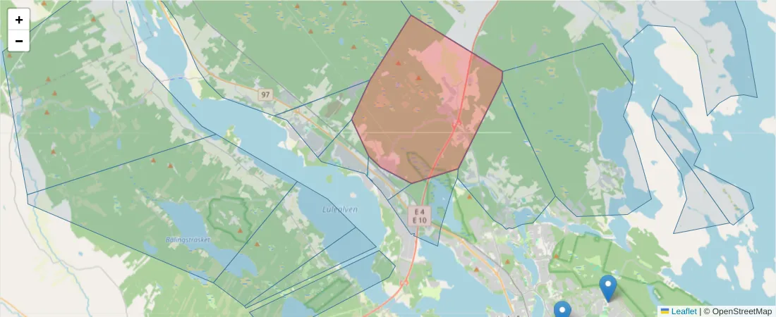 Karta över postnummerområdet  och angränsande postnummer i Sverige