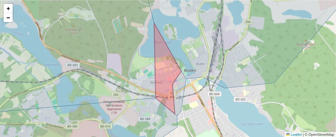 Karta över postnummerområdet  och angränsande postnummer i Sverige