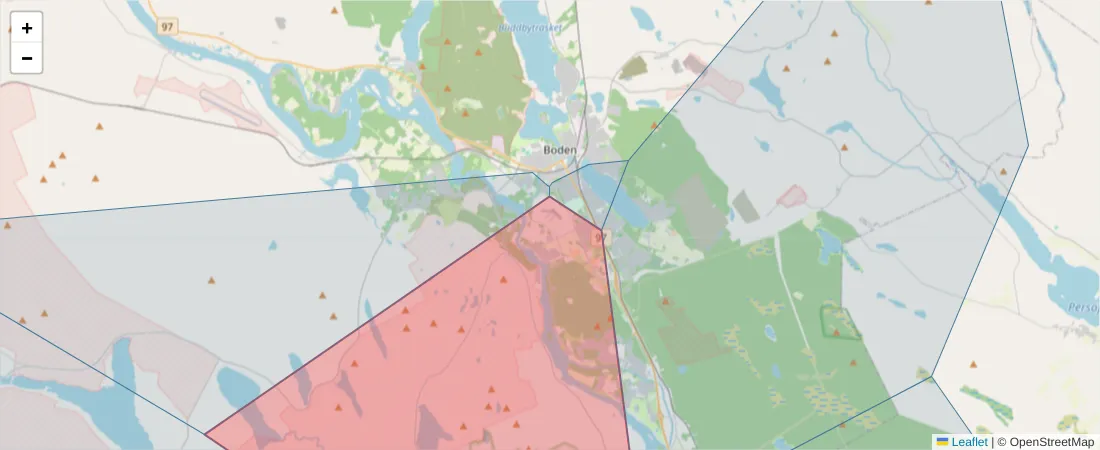 Karta över postnummerområdet  och angränsande postnummer i Sverige