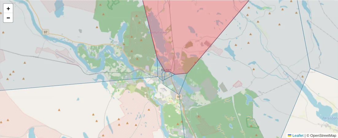 Karta över postnummerområdet  och angränsande postnummer i Sverige