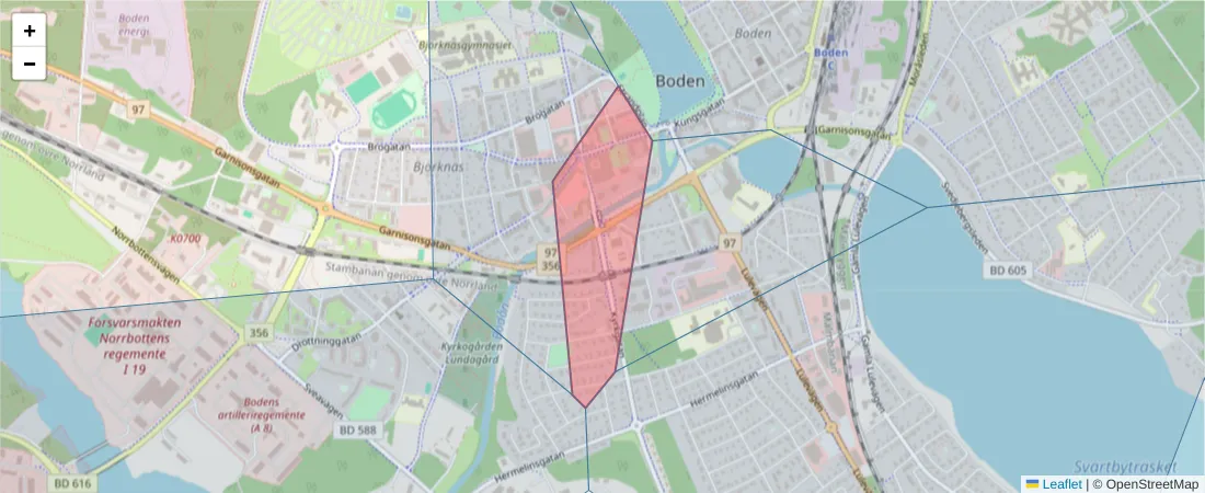 Karta över postnummerområdet  och angränsande postnummer i Sverige