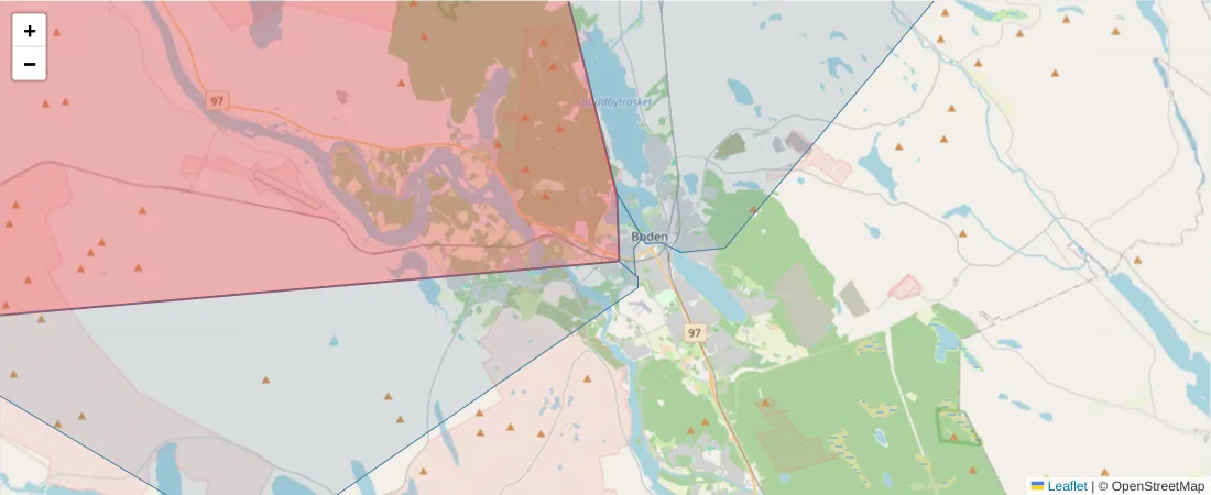 Karta över postnummerområdet  och angränsande postnummer i Sverige