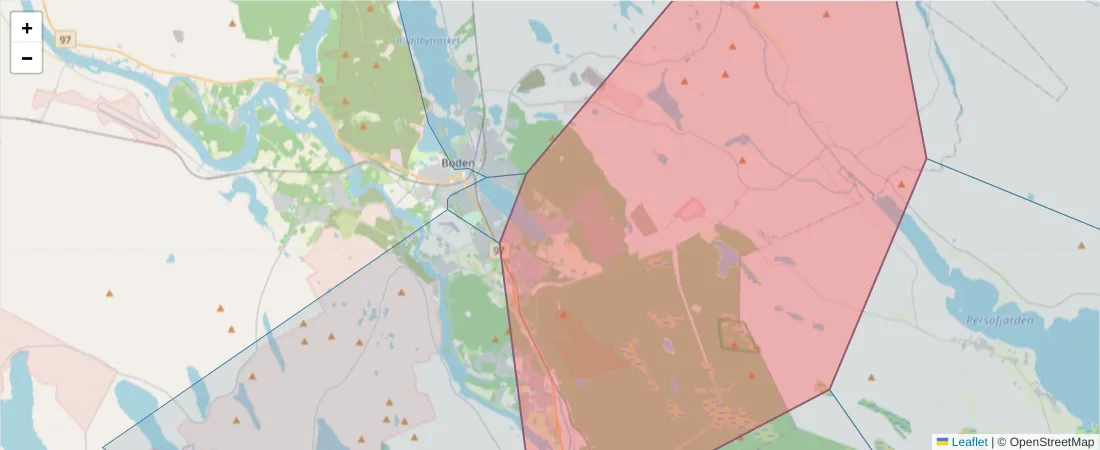 Karta över postnummerområdet  och angränsande postnummer i Sverige