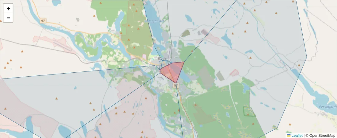 Karta över postnummerområdet  och angränsande postnummer i Sverige