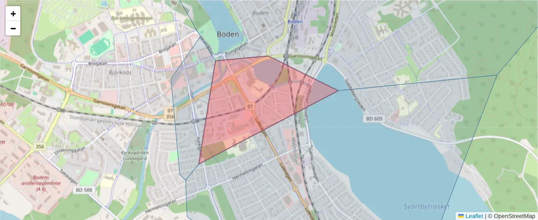 Karta över postnummerområdet  och angränsande postnummer i Sverige