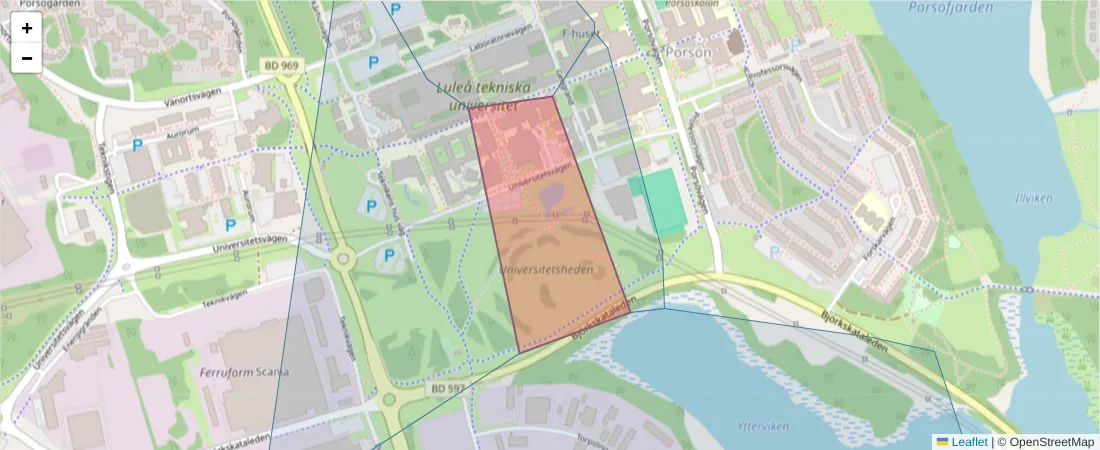 Karta över postnummerområdet  och angränsande postnummer i Sverige