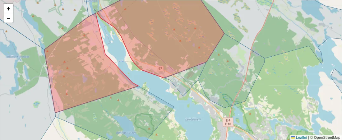 Karta över postnummerområdet  och angränsande postnummer i Sverige