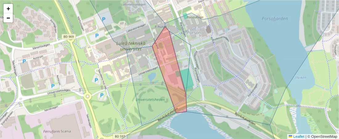 Karta över postnummerområdet  och angränsande postnummer i Sverige