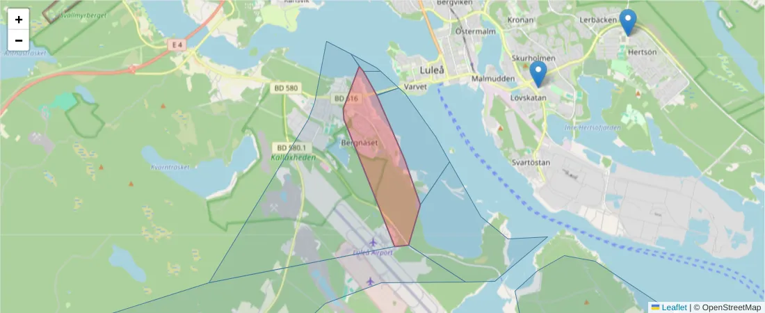 Karta över postnummerområdet  och angränsande postnummer i Sverige