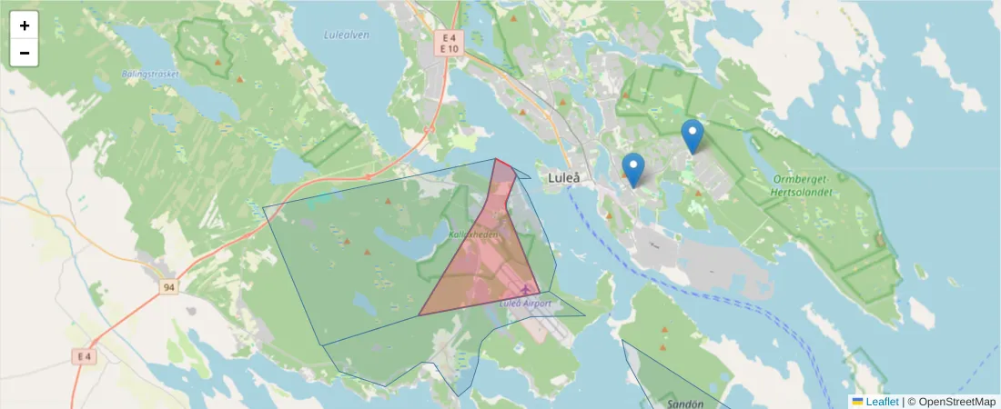 Karta över postnummerområdet  och angränsande postnummer i Sverige