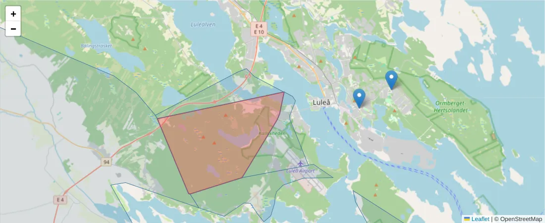 Karta över postnummerområdet  och angränsande postnummer i Sverige