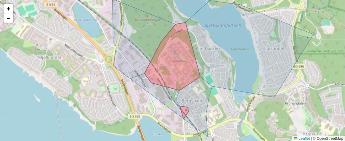 Karta över postnummerområdet  och angränsande postnummer i Sverige