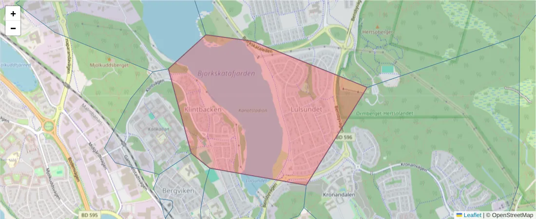 Karta över postnummerområdet  och angränsande postnummer i Sverige
