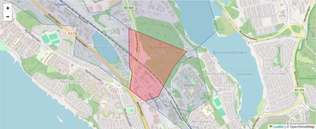 Karta över postnummerområdet  och angränsande postnummer i Sverige
