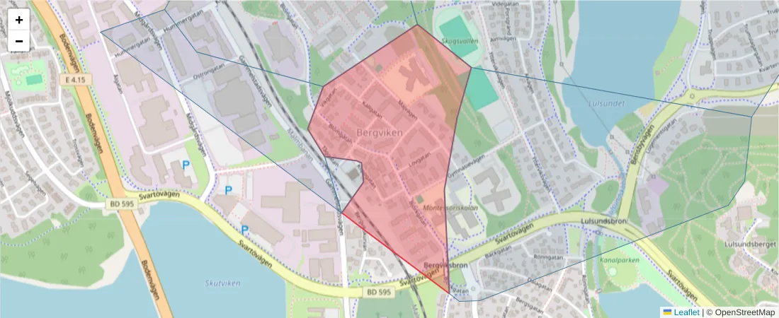 Karta över postnummerområdet  och angränsande postnummer i Sverige