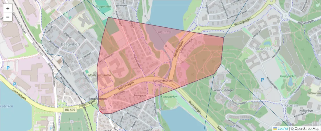Karta över postnummerområdet  och angränsande postnummer i Sverige