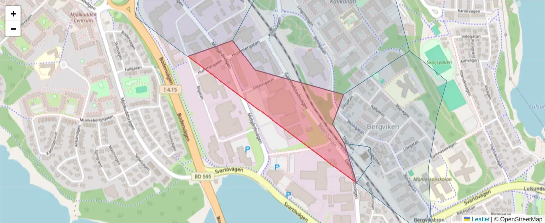 Karta över postnummerområdet  och angränsande postnummer i Sverige