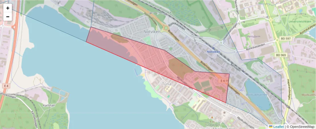 Karta över postnummerområdet  och angränsande postnummer i Sverige
