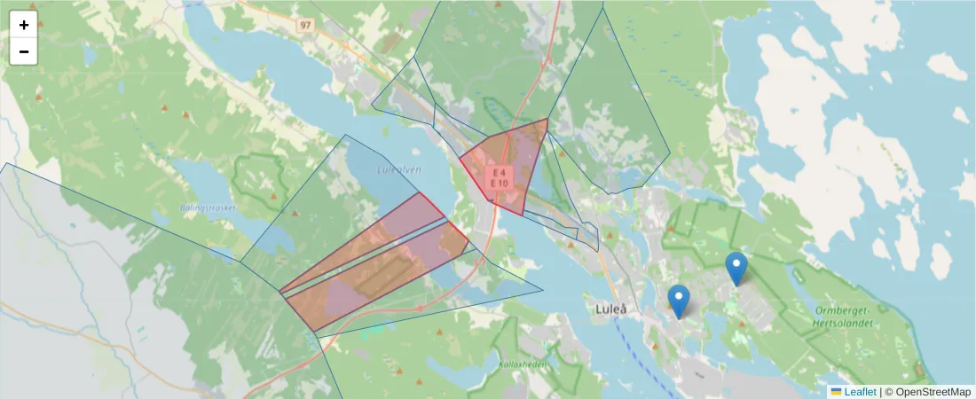 Karta över postnummerområdet  och angränsande postnummer i Sverige