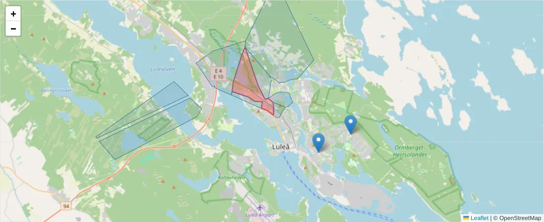 Karta över postnummerområdet  och angränsande postnummer i Sverige