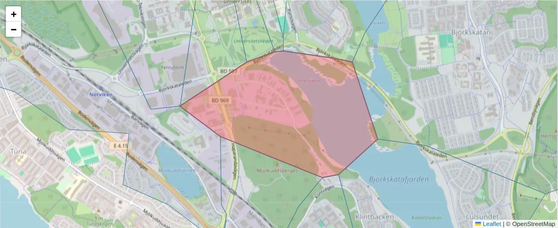 Karta över postnummerområdet  och angränsande postnummer i Sverige