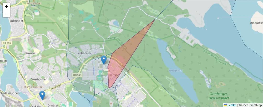 Karta över postnummerområdet  och angränsande postnummer i Sverige
