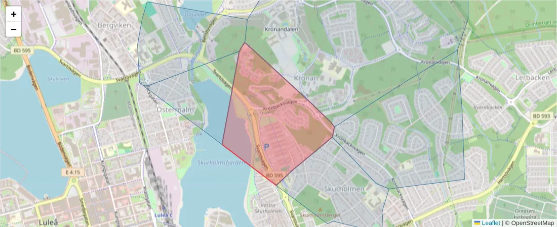 Karta över postnummerområdet  och angränsande postnummer i Sverige